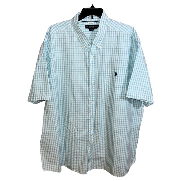 S. Polo Assn. Shirt Men’s Size 4XLT White Teal Checks Short Sleeve Button Front - Picture 1 of 5